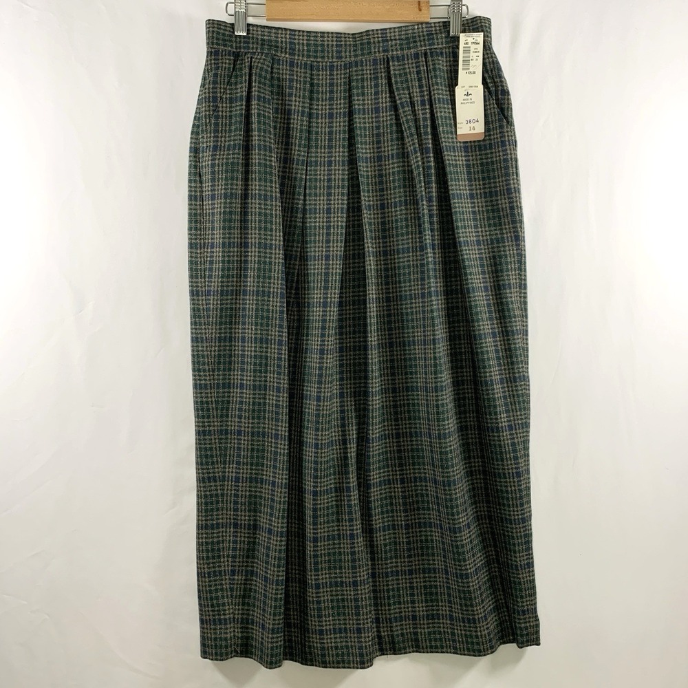 Vintage Herman Geist Womens Pleated Plaid Midi Skirt Wool Blend Tag 14 Actual 12